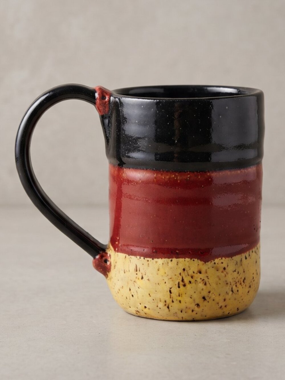 Signed Studio Pottery Mug Black Red Yellow Hand Thrown Artisan Coffee Cup 5"